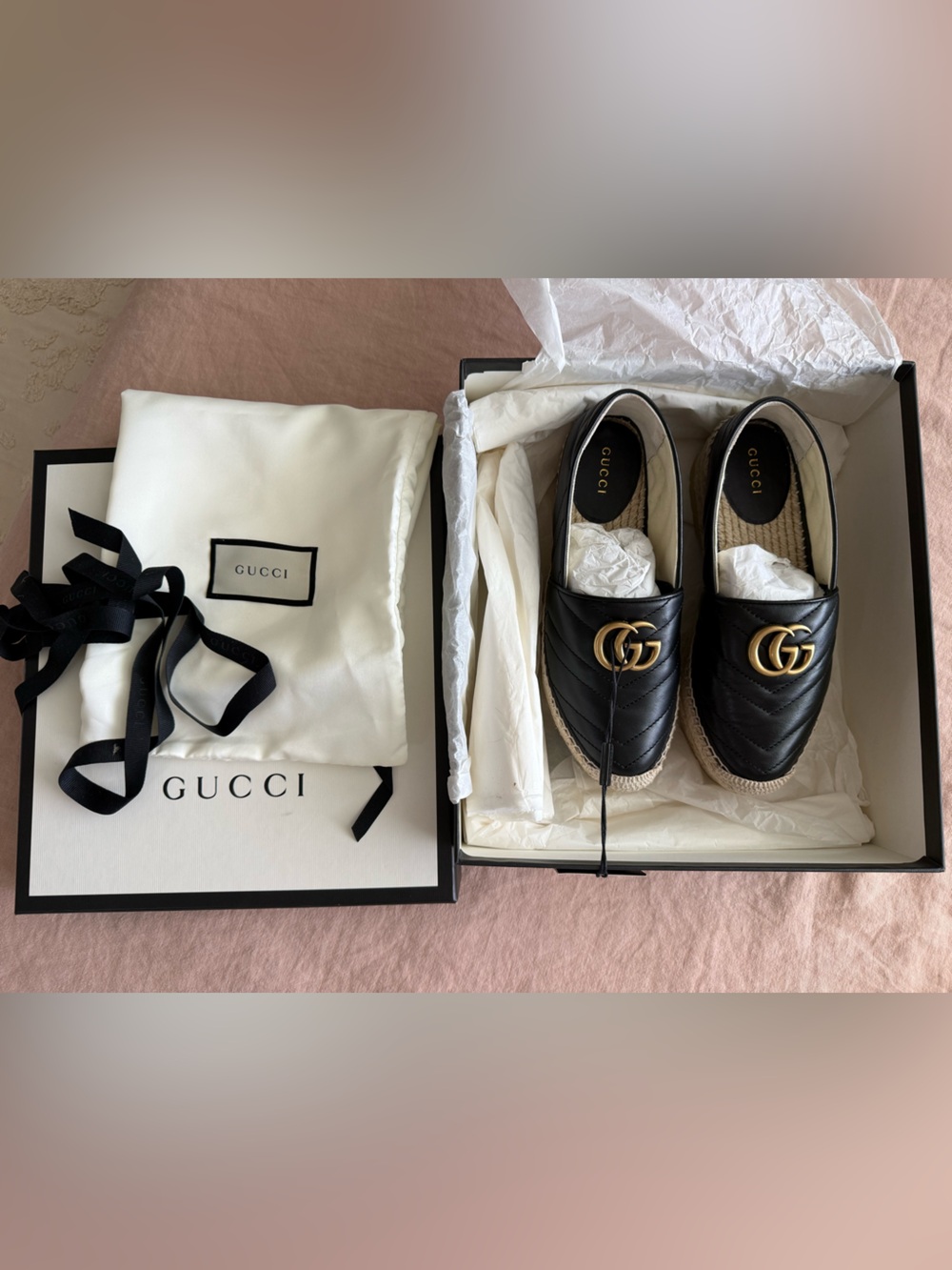 Gucci Black Quilted Leather Espadrille Loafers with Gold Double G